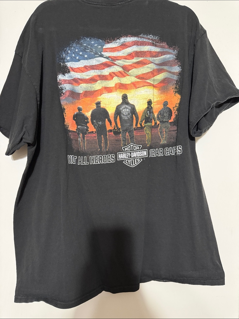 Harley-Davidson Black Tee with American Flag Sunset Graphic